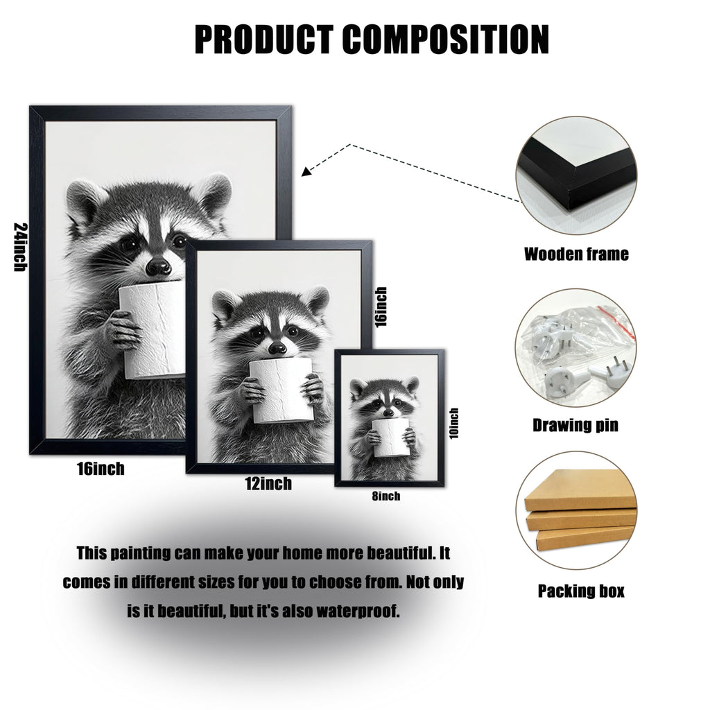 Bathroom Wall Art, Cute Black and White Raccoon Canvas Prints Poster, Funny Animal Decor Oil Painting, Modern