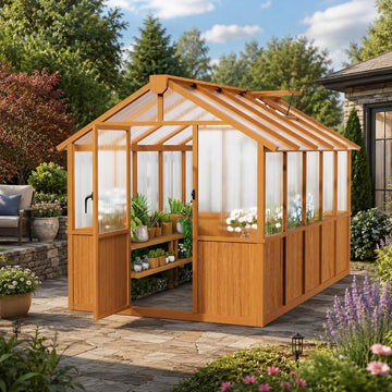 6x10 FT Wooden Greenhouse,Natural Wood Garden House for Plants,Heavy Duty Green House with Polycarbonate Panel