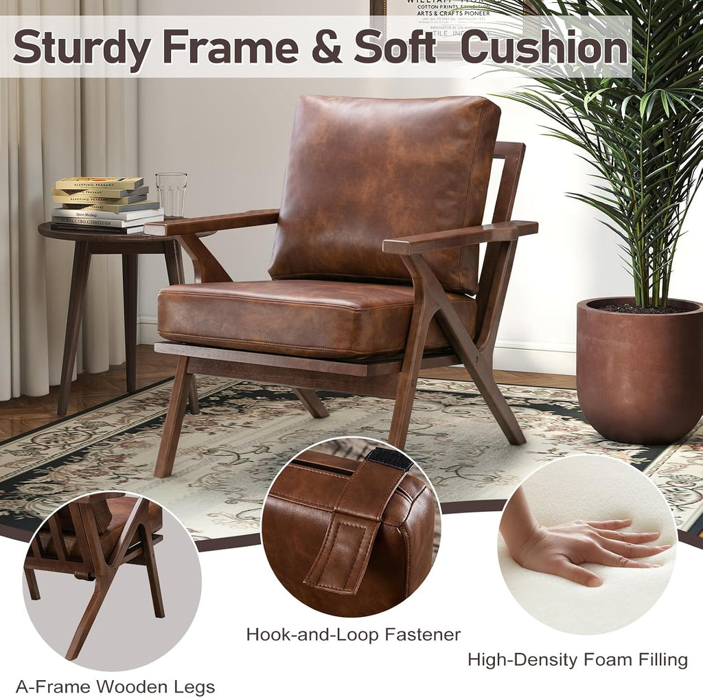 Faux Leather Accent Chair with Overstuffed Cushion, Mid-Century Modern Armchair with Solid Wood Frame, Upholstered
