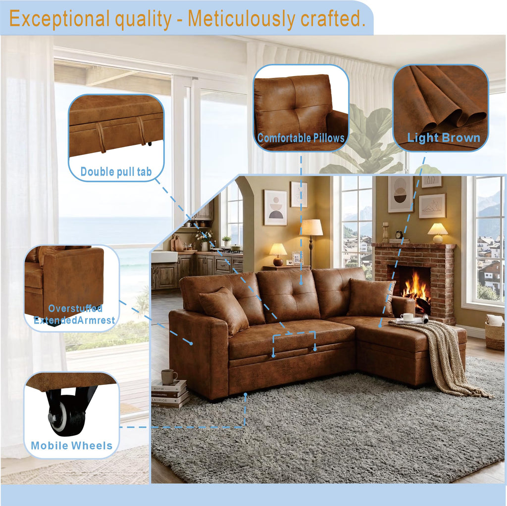 71" L Shaped Sofa with Pull Out Sofa Bed, Sectional Sleeper Sofa with Reversible Chaise, 3 Seater Modular Sectional