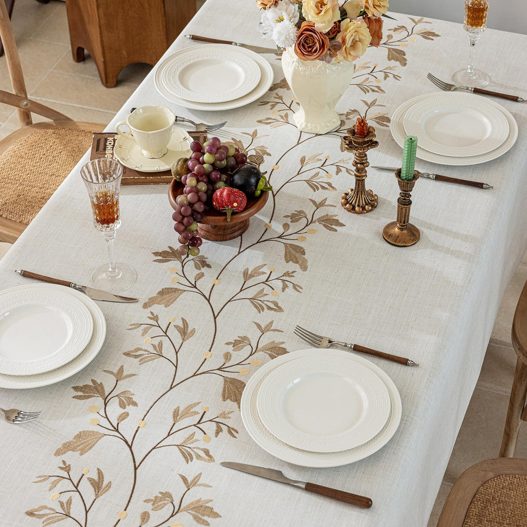 Rustic Waterproof Linen Tablecloth, Heavy Weight Beige Embroidery Table Cloths for Rectangle Tables, Burlap Farmhouse