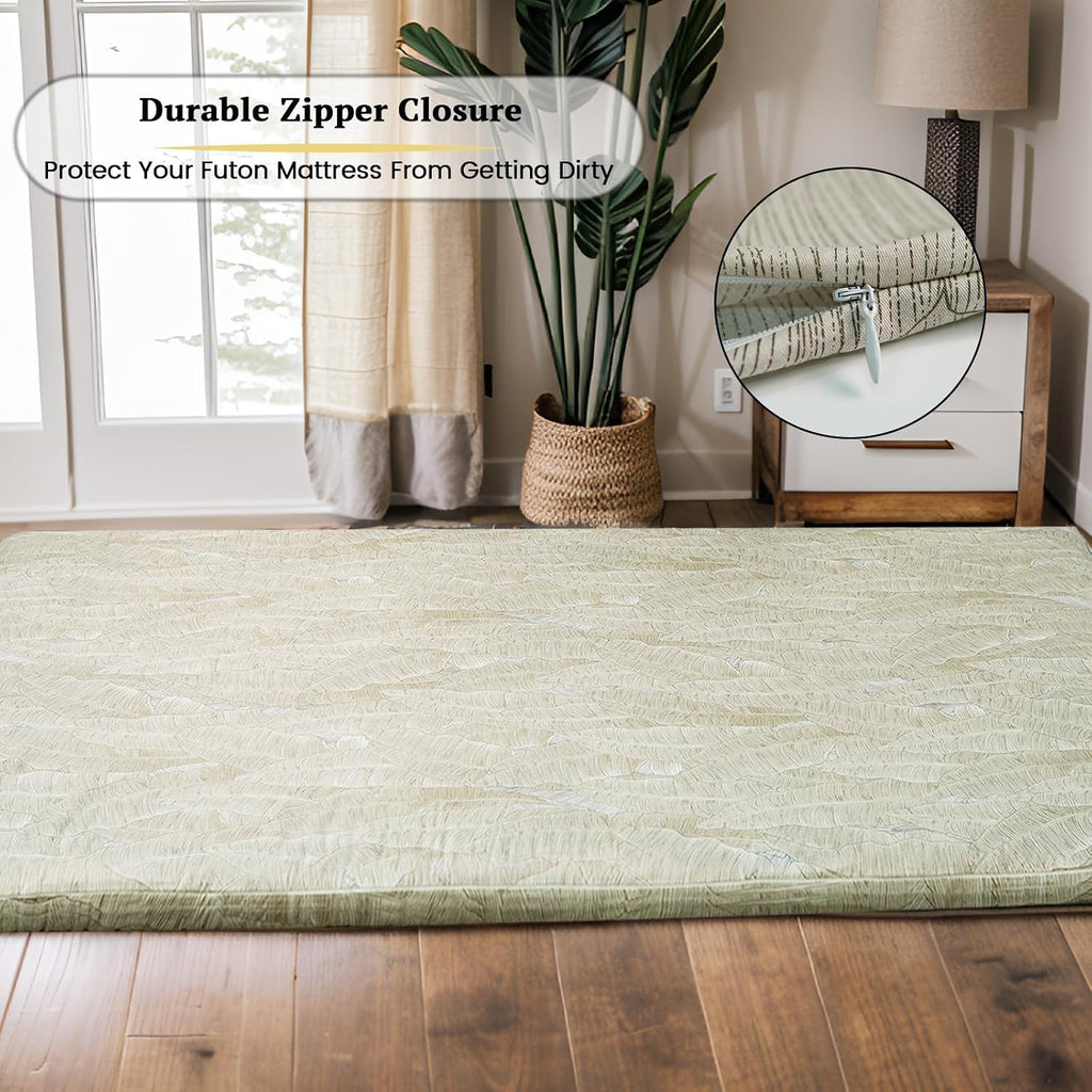 Japanese Floor Futon Mattress Queen Size 60"x 80"(Winter Moss), with Futon Mattress Cover 64'' x 84'' Queen