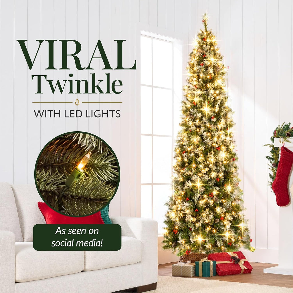 Pencil Christmas Tree Pre-Lit w/Viral Twinkling Lights, Slim Pre-Decorated Artificial Frosted Pine Skinny Holiday