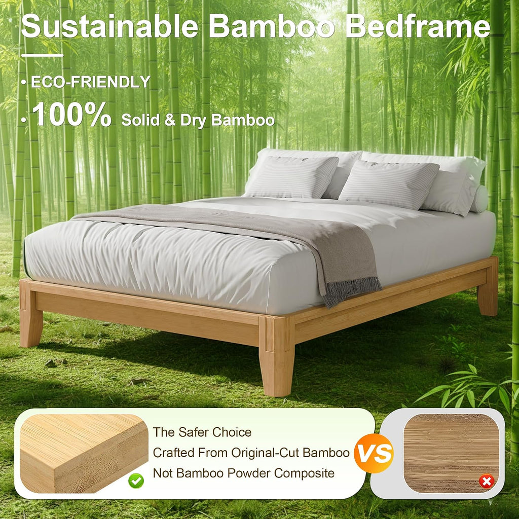 Queen Solid Bamboo Bed Frame, Japanese Joinery Platform Bed Frame(Natural)
