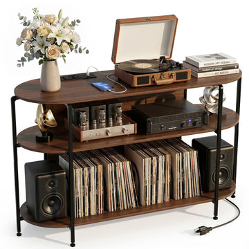 Vinyl Record Player Stand with Power Outlets, 43.3" Mid Century Turntable Stand Console Table, 3-Tier Arc Record