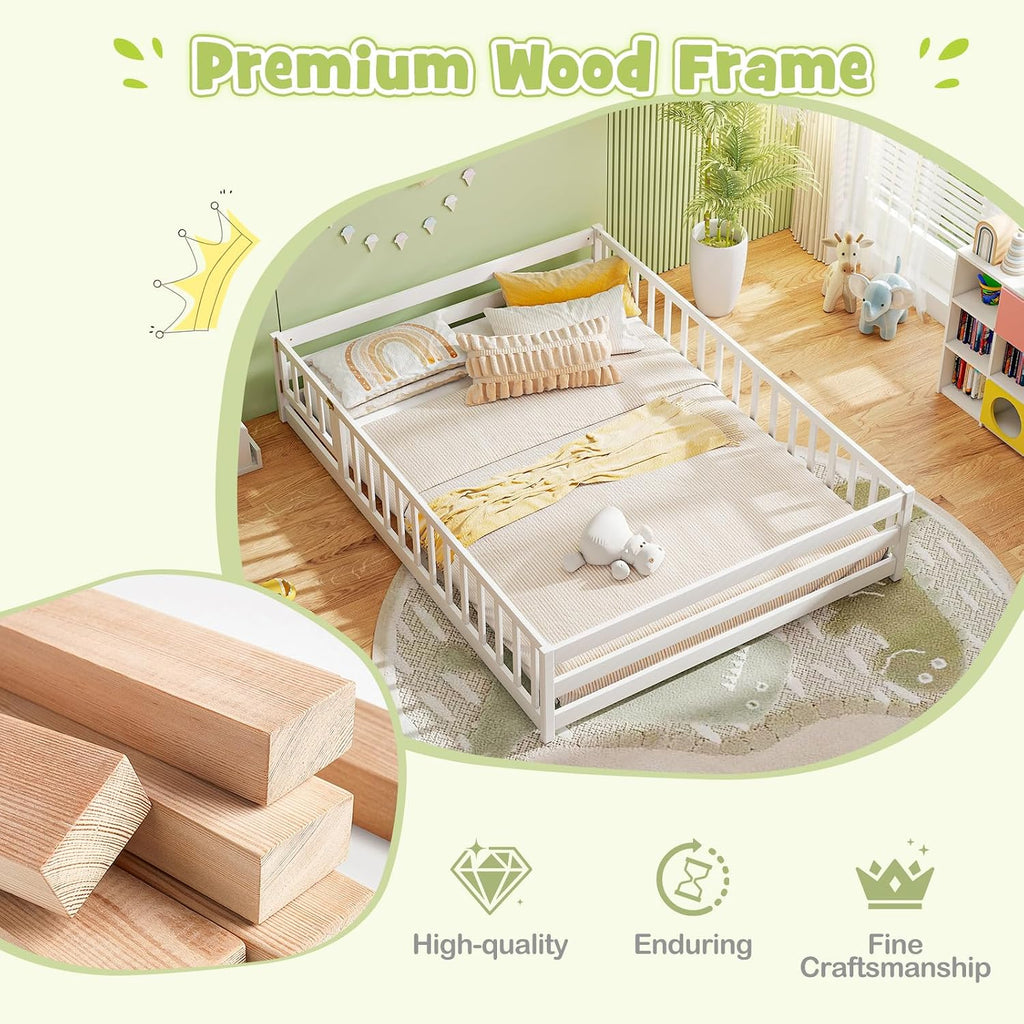 Full Size Wood Floor Bed with Door & Fence, Montessori Bed Frame with Full Length Safety Guardrails, Door & Latch