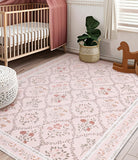 5x7 Washable Floral Boho Area Rug, Ultra Thin Non-Slip Carpet for Kids Room Nursery Pink