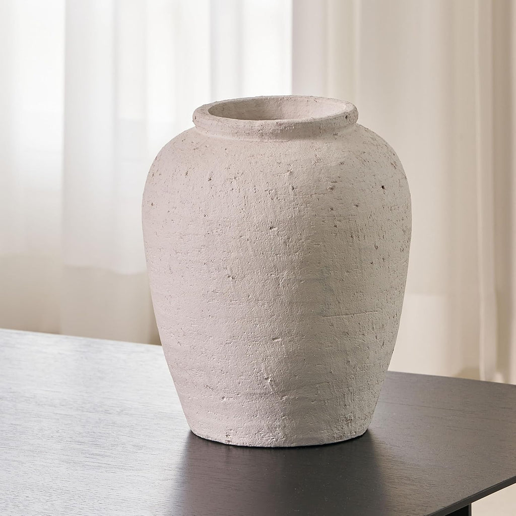 White Ceramic Large Vase, 11.8" Tall Zen Style, Terra Cotta Pitcher Vase, Distressed Farmhouse Decor, Pottery