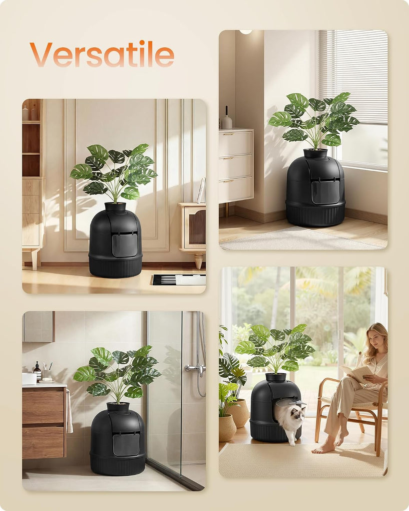 Cat Litter Box with Artificial Plant, Enclosed Hidden Litter Box