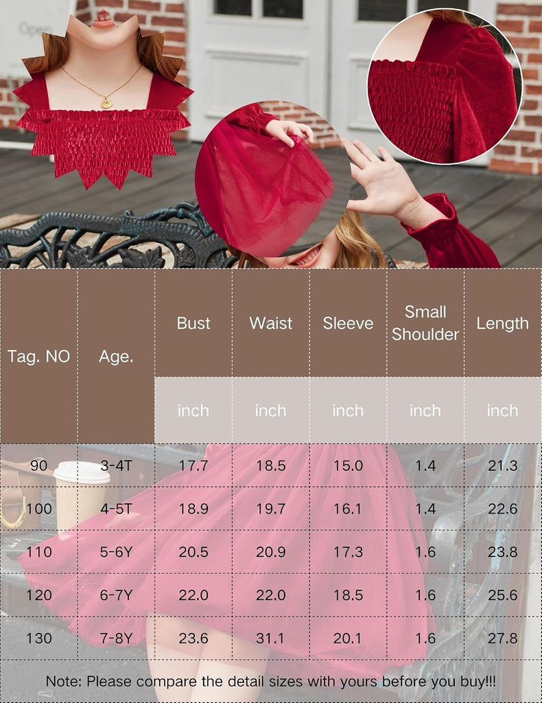 Toddler Velvet Dress Puff Long Sleeve Square Neck Winter Dresses