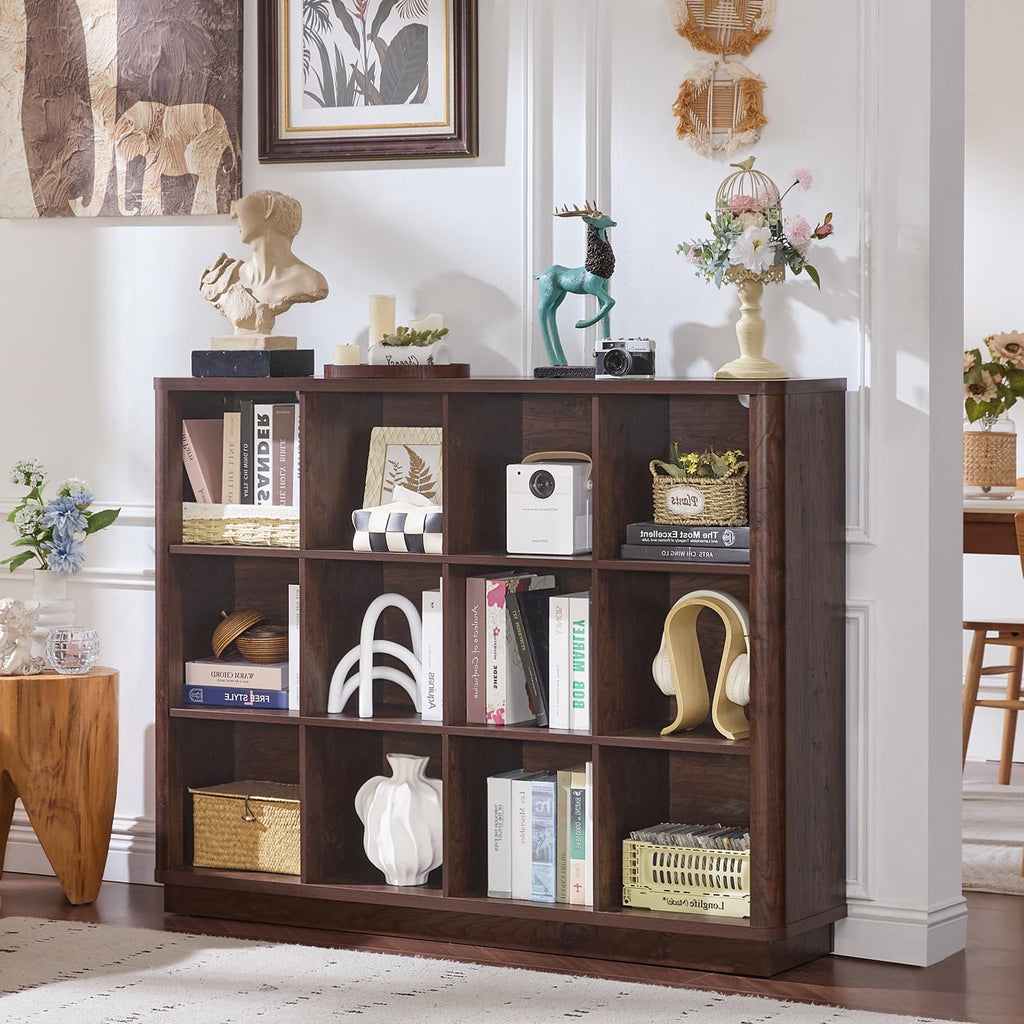 12 Cube Storage Organizer, 41" Large Bookshelf with Curved Edge, Wood Floor Standing 3-Tier Cubby Bookcase w/Base