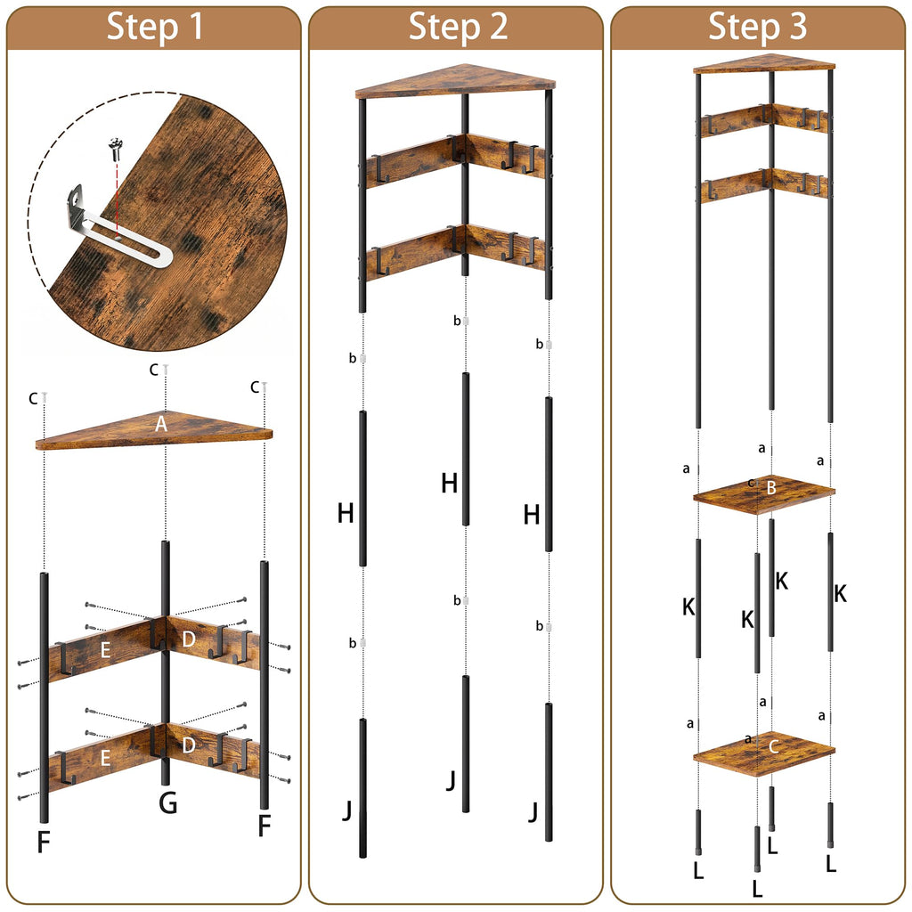 Corner Coat Rack Freestanding with Shelves and 8 Hooks, Rustic Brown
