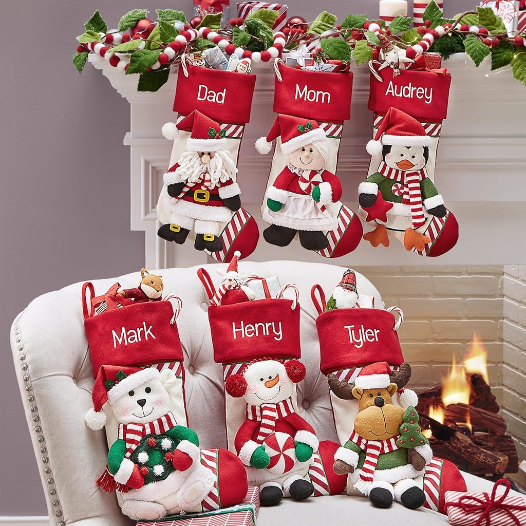 Personalized - Stockings for Family - Embroided - 3-D Plush - Christmas Decor - 8"x18" - Candy Cane Family - Snowman