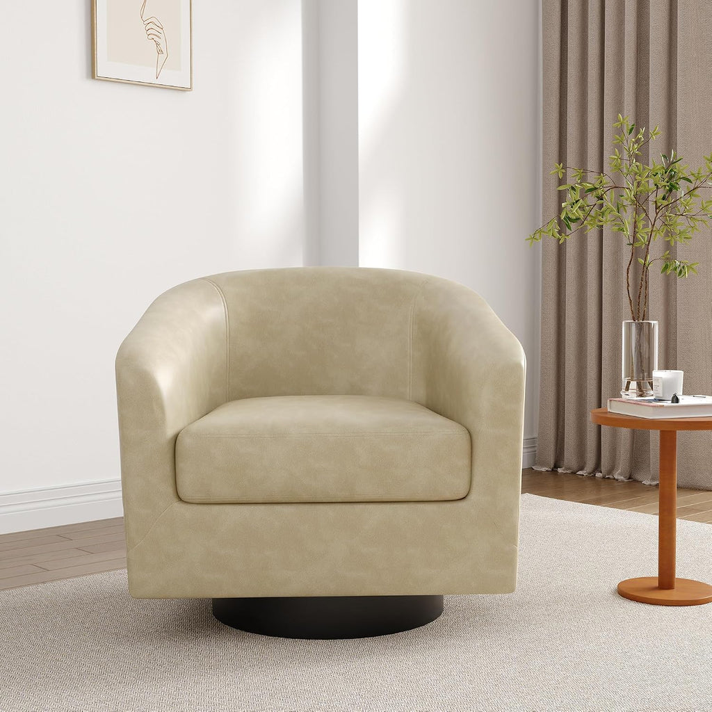 Faux Leather Swivel Accent Barrel Chairs, Round Armchair, Cream - Set of 2