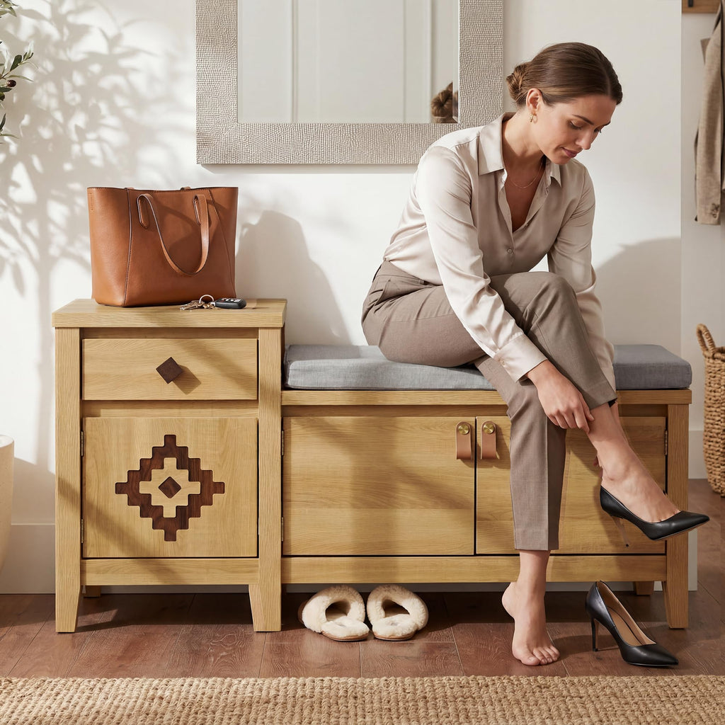 Entryway Bench with Storage, 3 in 1 Storage Bench with 1 Drawer and 2 Cubbies, 44" Rustic Wooden Seat with Cushion