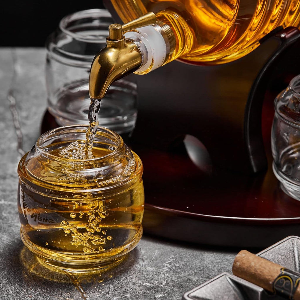 Whiskey Barrel Decanter Set Bar, Unique Birthday Gifts for Men Dad, 1.3 Liter Barrel Liquor Dispenser with 4 Glasses - Set of 7