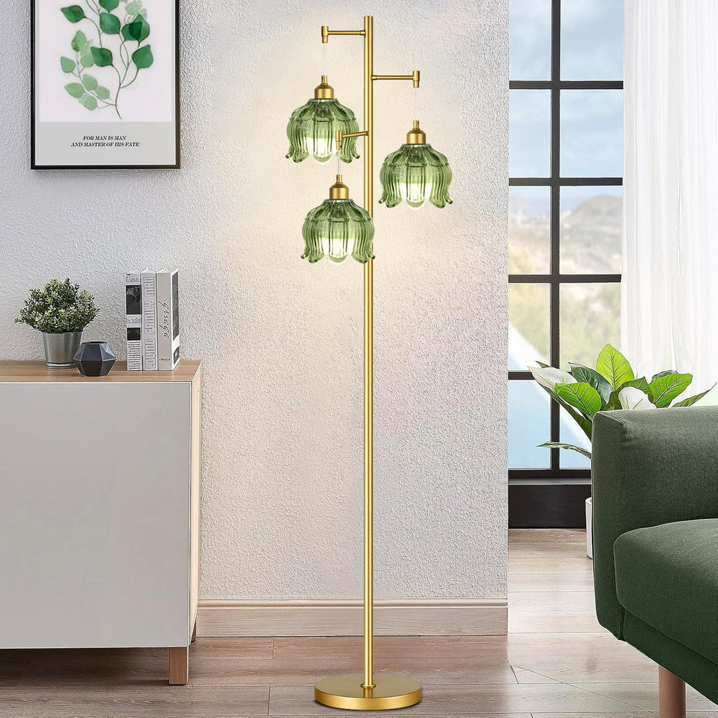 Vintage Floor Lamps Bedroom-3 Light Gold Floor Lamp with Glass Lampshape, Flower Green Tall Lamp Mid Century Modern
