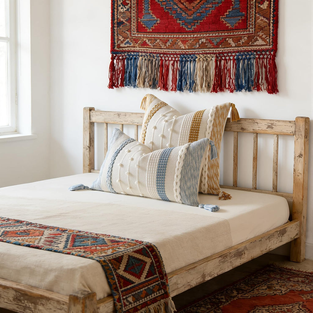 Boho Lumbar Pillow Cover 12x20 Coastal Blue - Handmade Woven Textured Throw Pillow Case with Cordings & Tassels