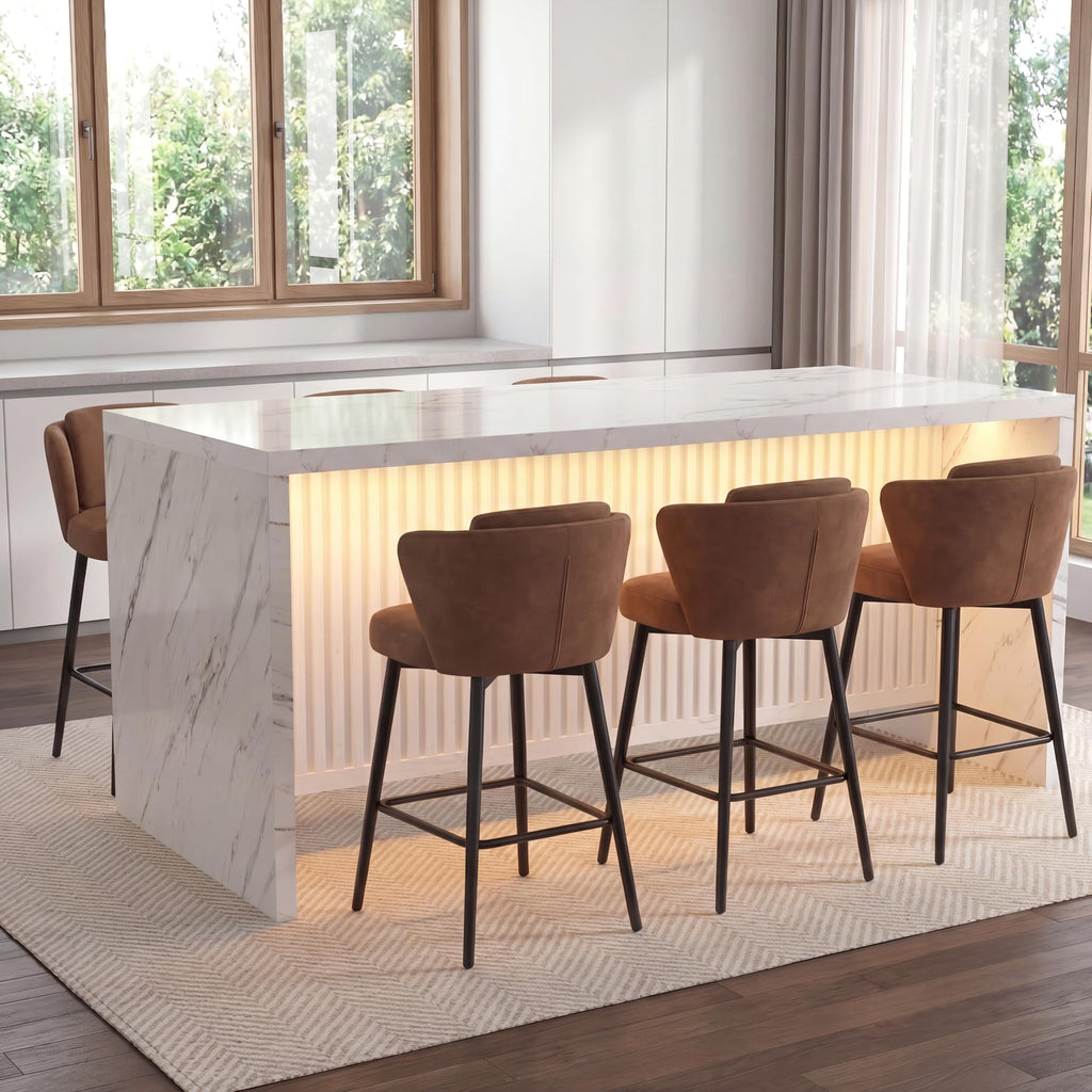 71'' Large Faux Marble Dining Table for 6 People, 37.4''H Tall Modern Kitchen Island with LED Lights, Rectangle
