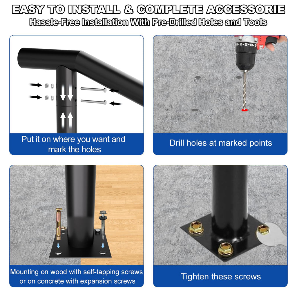1-2 Step Single Post Handrail-Outdoor Stair Rail- Single Post Wrought Iron Handrail with DIY Tool Kit, 38" H Black