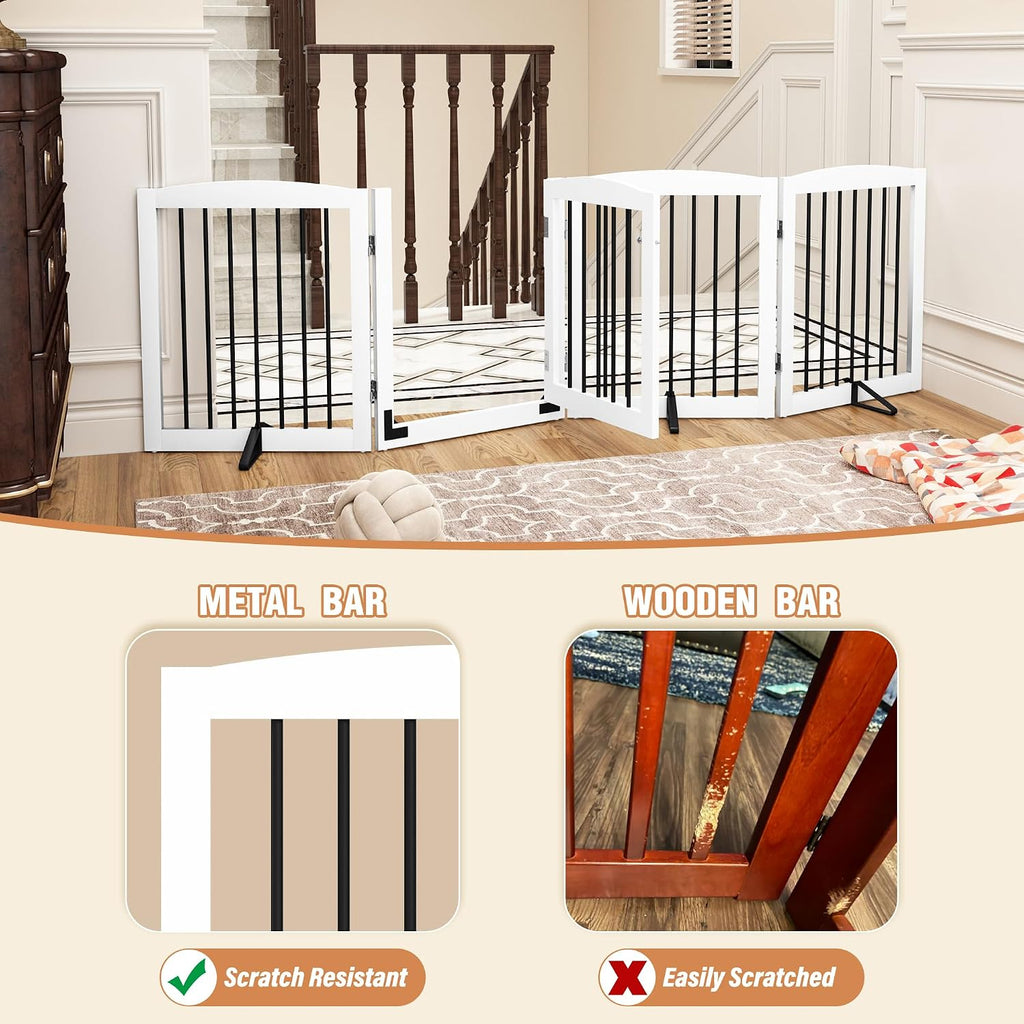 Freestanding Dog Gate with Door, Pet Gate for Stairs, 80 inch Wide Pet Barrier Indoor, Dog Fences Indoor, Support