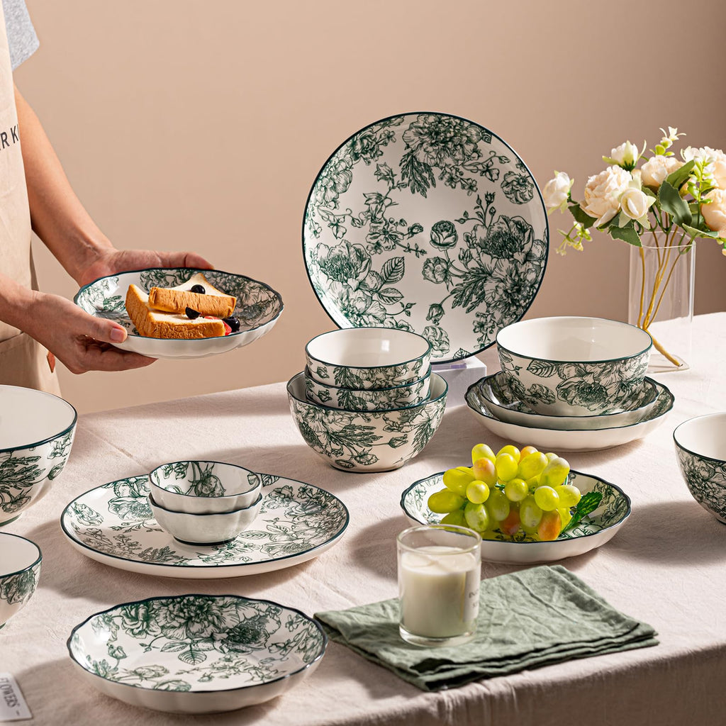 Ceramic Dinnerware Set, Series Kavara II, (Green Rose)