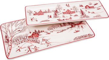 Toile De Jouy Winter Wonderland Ceramic Rectangular Serving Platters Set of 2, 14 Inch, Microwave & Dishwasher Safe