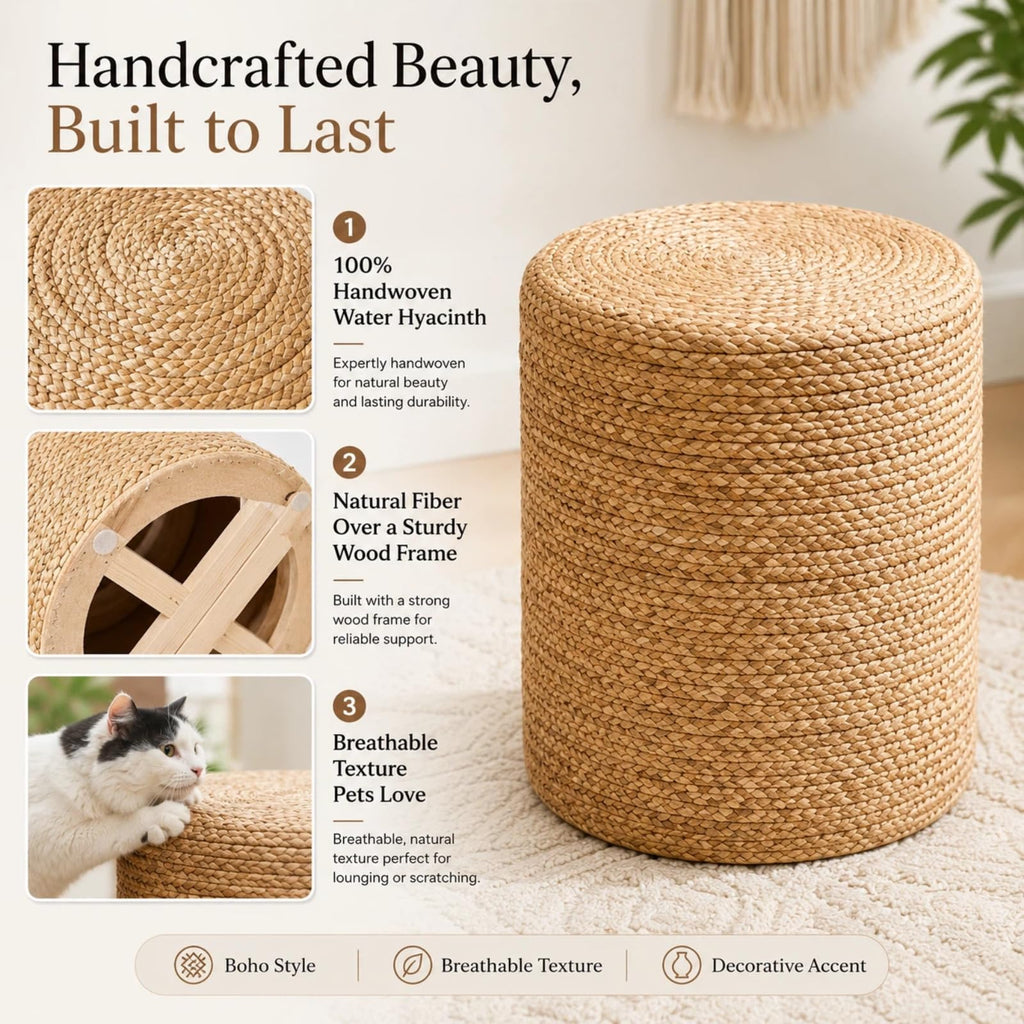14inch Natural Water Hyacinth Round Pouf Ottomans Wood Frame Rattan Stool