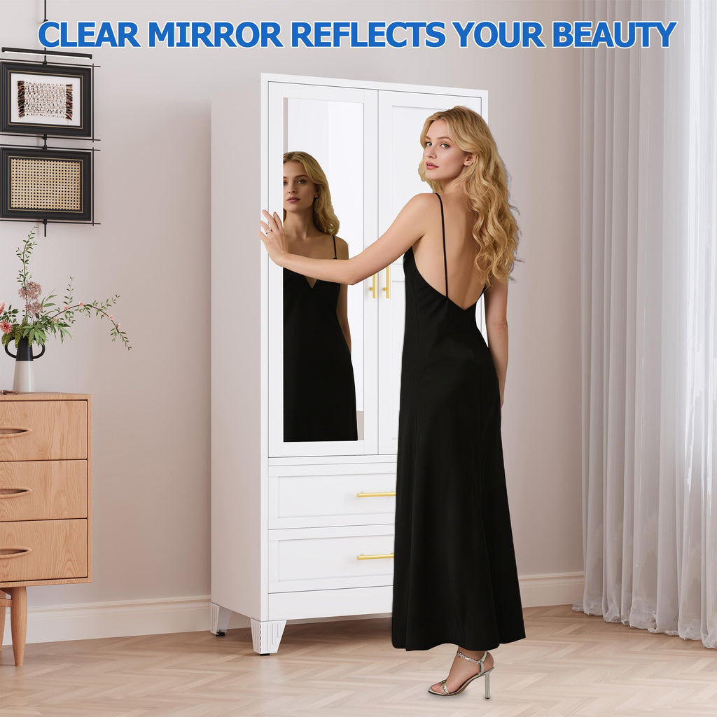 Steel Armoire Wardrobe Closet with Mirror and 2 Drawers 71" White