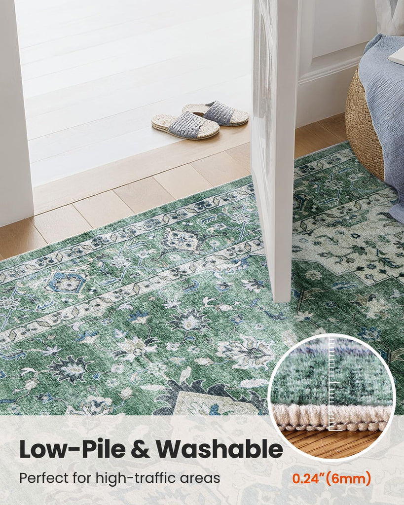 Washable Runner Rug, Dark/Green, Vintage Style