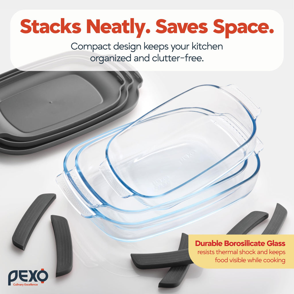 6-Piece Deep Glass Baking Dishes with Lids, Clear Glass Bakeware with Silicone Handles, (2.11QT, 3QT, 4.12QT)