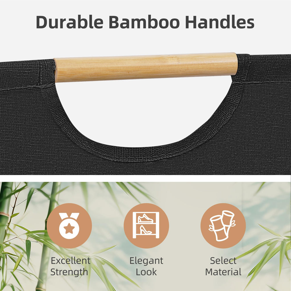 3-Pack Collapsible Laundry Hamper with Bamboo Handles, Black