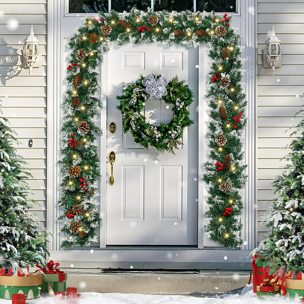 9 FT Christmas Garland with Lights,Battery Operated Lighted Garland with Pine Cones Red Berries Lush Branches,50 LED