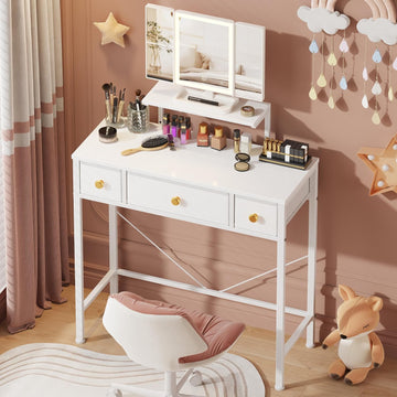 Small Makeup Vanity Desk 27.5''W with Mirror and Lights, White | 3 Drawers, USB Lighted Mirror, Height-Adjustable