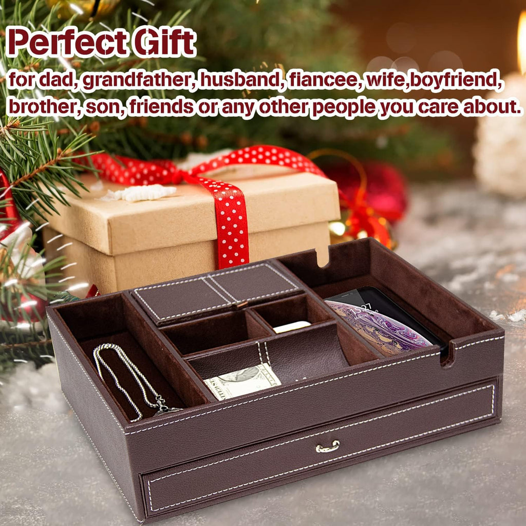 Valet Tray for Men, 2 Layers Nightstand Organizers for Men and Women, Leather Jewelry Storage Box, Mens Dresser Top