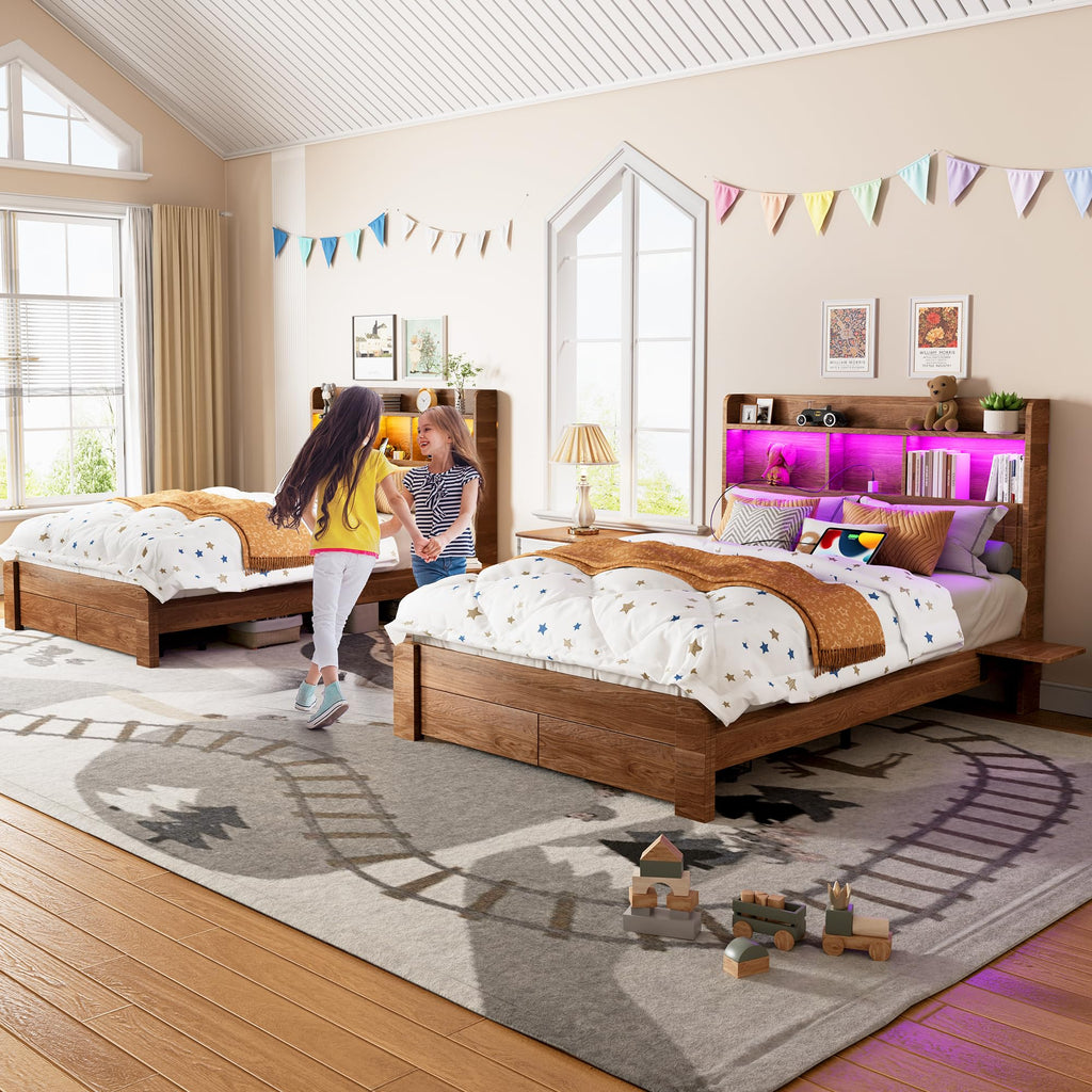 Full Size Bed Frame with 2-Tier Storage Headboard, LED Lights, Charging Station, 2 Drawers, 800lbs Capacity, Wood &