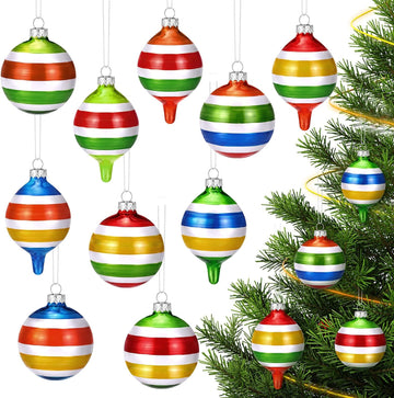 Vintage Glass Christmas Ornaments, Stripes, Festive - Set of 10