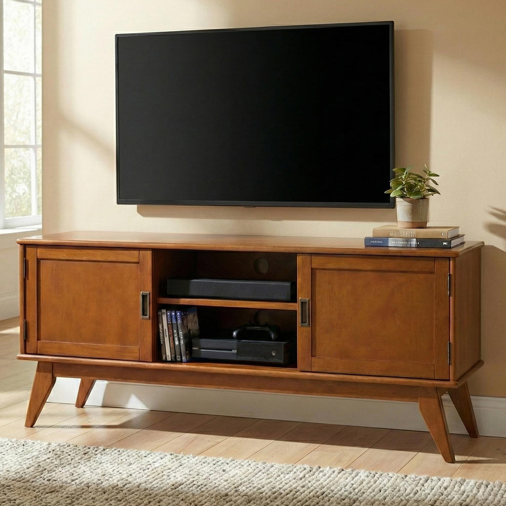 Draper 60" Wide Solid Wood TV Stand in Teak Brown
