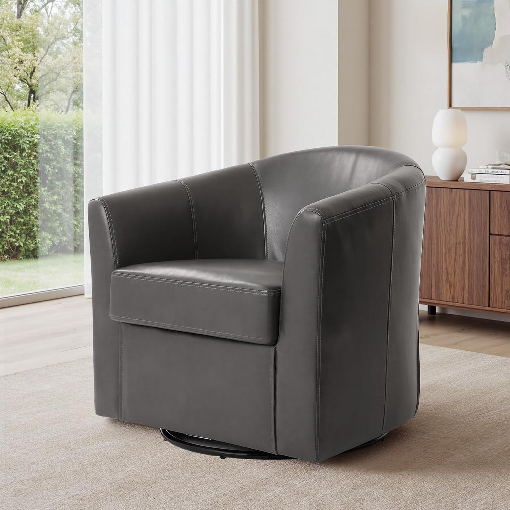 Faux Leather Swivel Accent Chair, Fully Assembled Barrel Chair, Gray