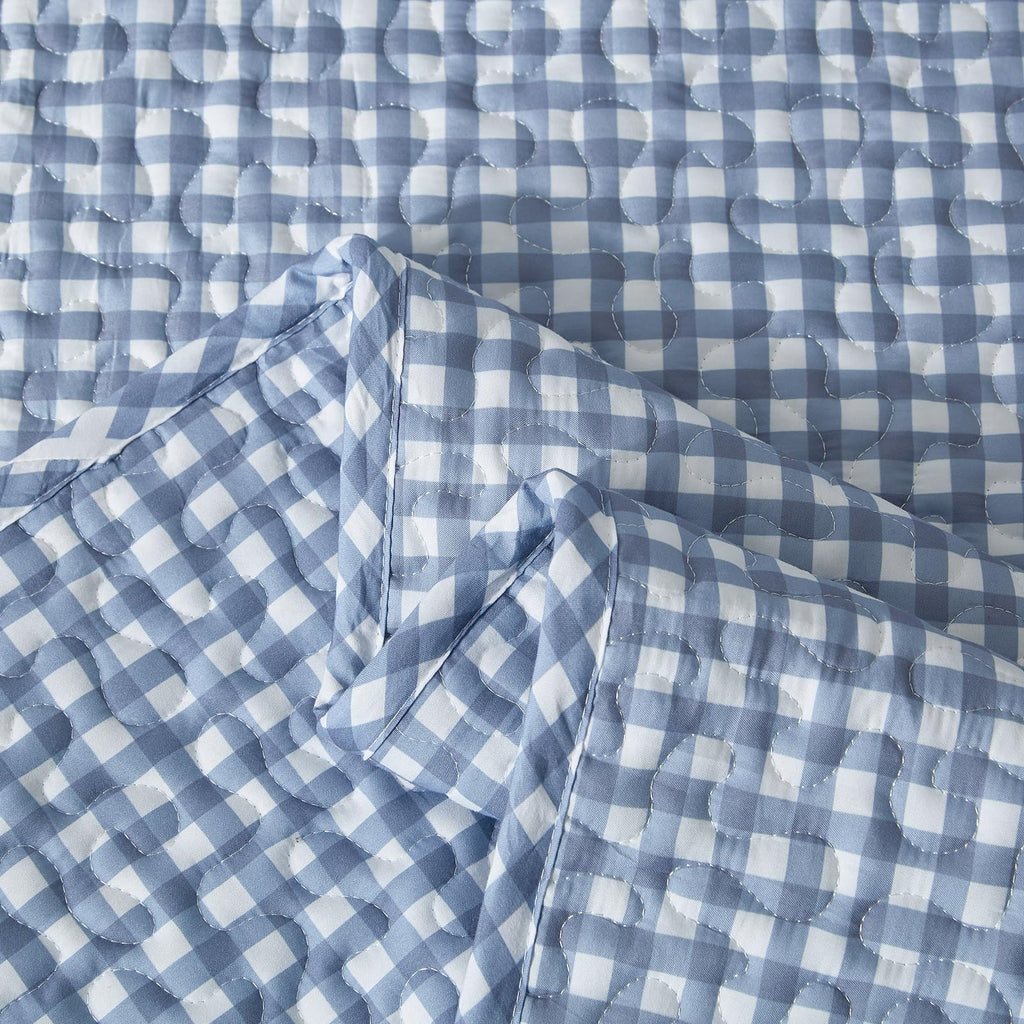 Blue Gingham Quilt Bedding Set, Vintage Plaid Grid Bedspread Checkered Pattern Lightweight Comforter for