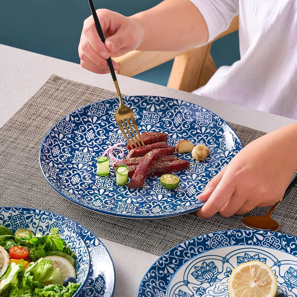 Porcelain Dinnerware Sets Service for 4, 12 pcs Hand drawn Plates and Bowls Sets, Handmade Ceramic Dish Set