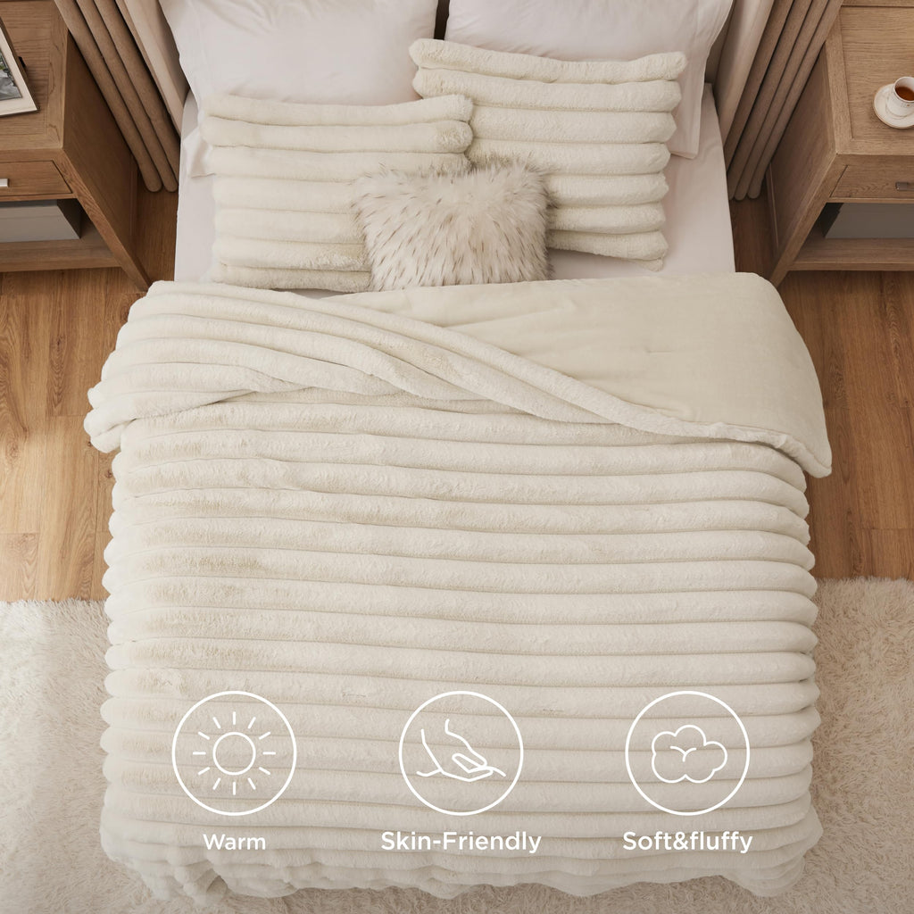 Faux Fur Queen Comforter Set, Striped Fluffy Bedding Sets Beige