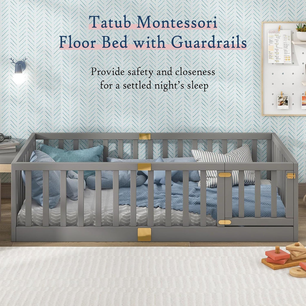 Twin Montessori Floor Bed with High Rails, Solid Wood Montessori Bed Frame for Kids, Door Can Install Left and Right