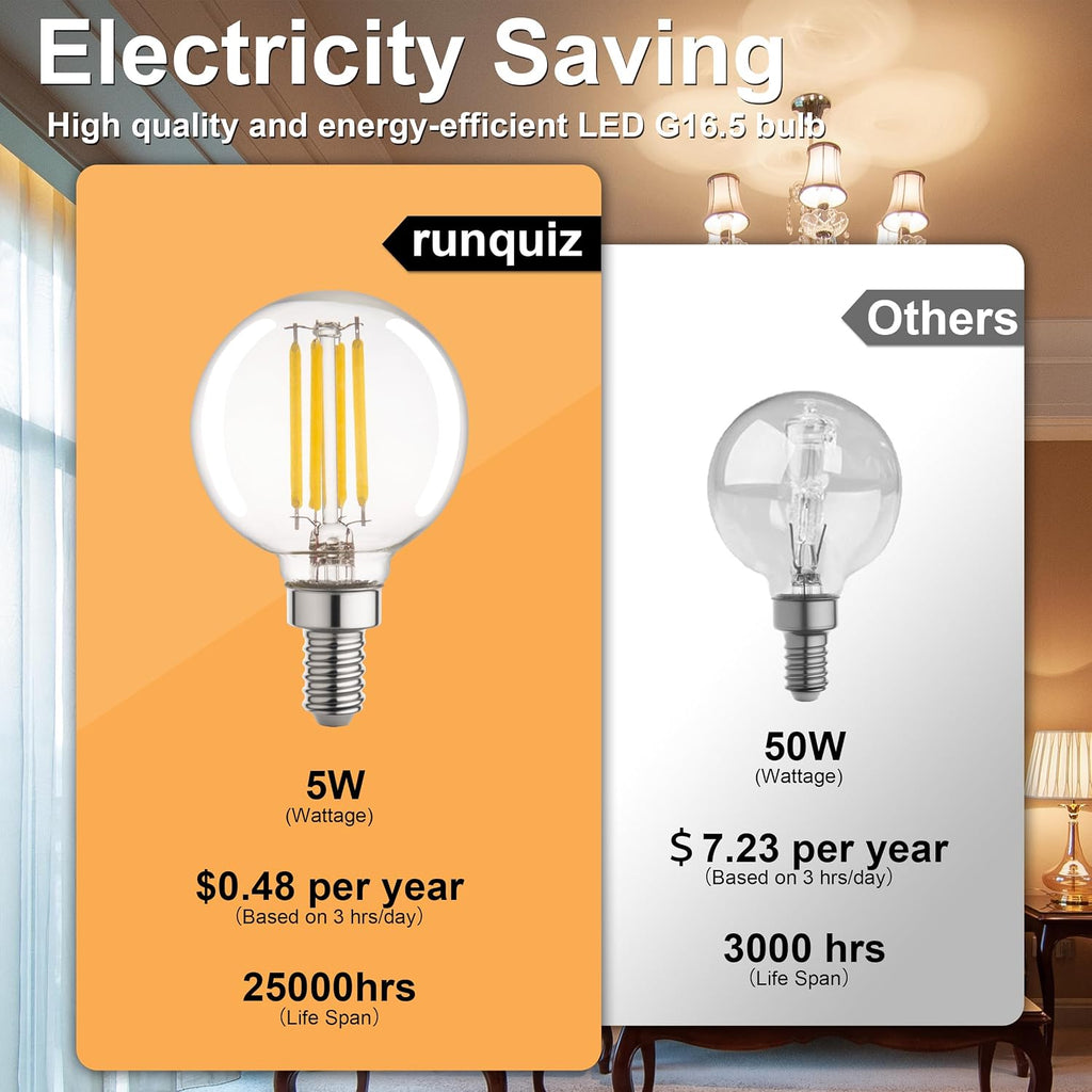 G16.5 Led Bulb, Small Round Edison Light Bulbs, Dimmable E12 Globe Clear Vanity Light Bulbs, 5w 4000k Vintage LED