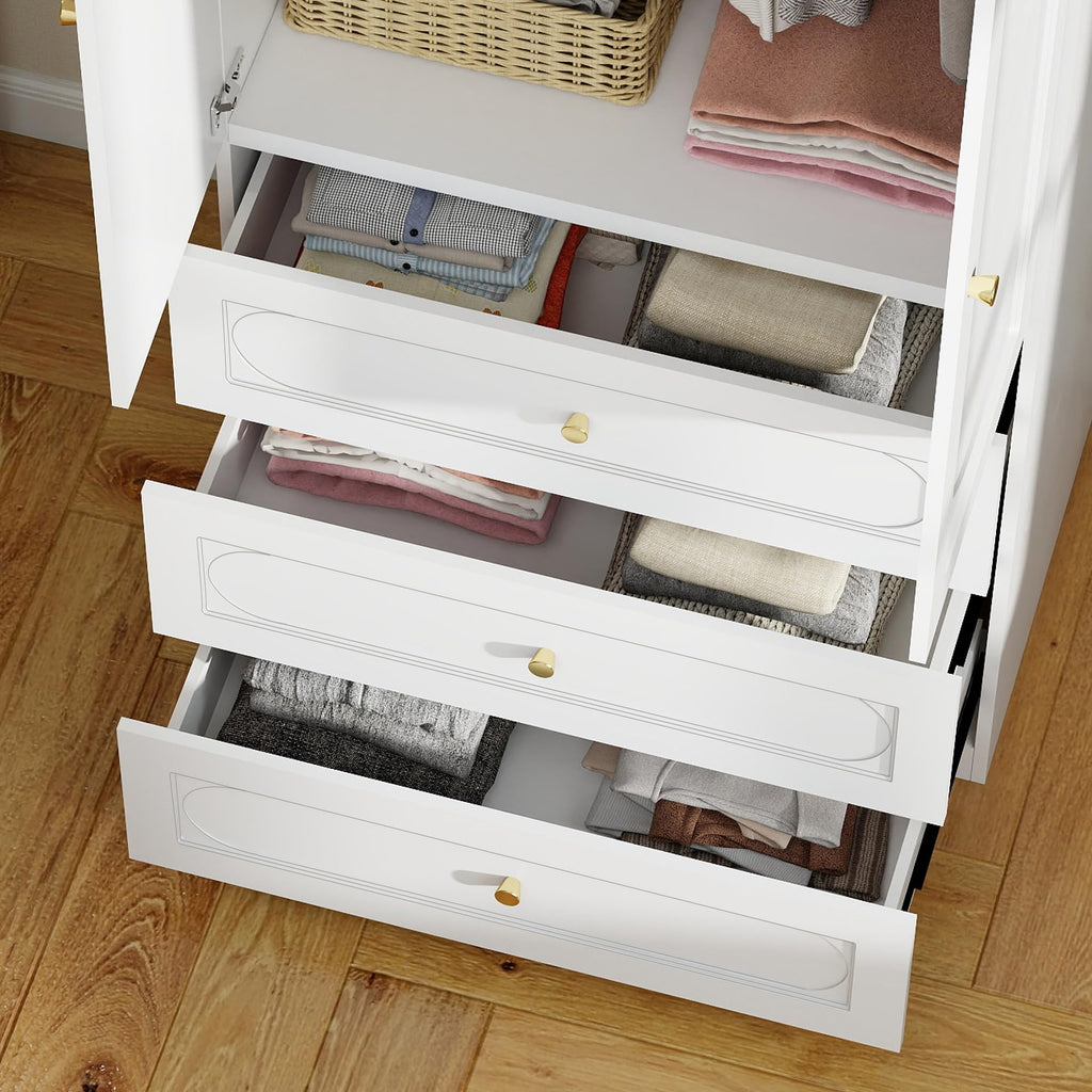 White Wardrobe Closet with 3 Drawers and 2 Doors, 75" H x 32" W