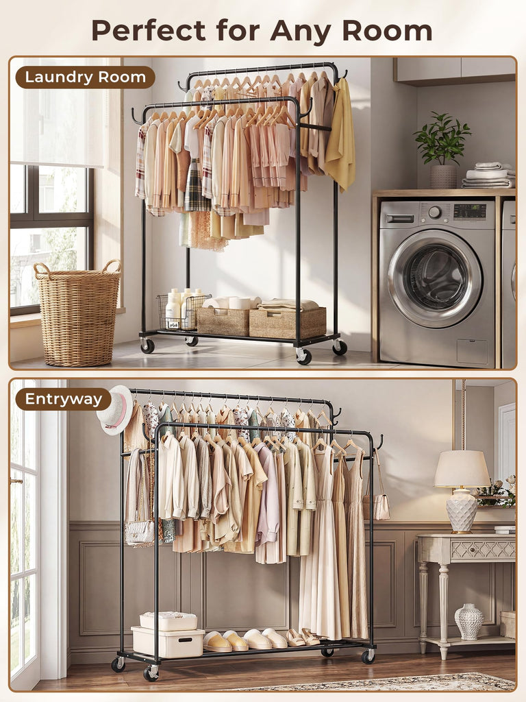 Clothes Rack, Rolling Clothing Rack with Double Rods for Hanging Clothes, Portable Garment Rack with Wheels, Metal