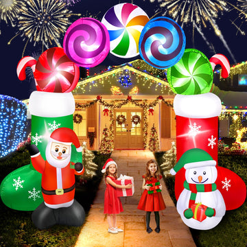 7.8FT Christmas Inflatable Archway, Santa & Snowman Standing with Candy Arch Inflatable Christmas Blows up Yard