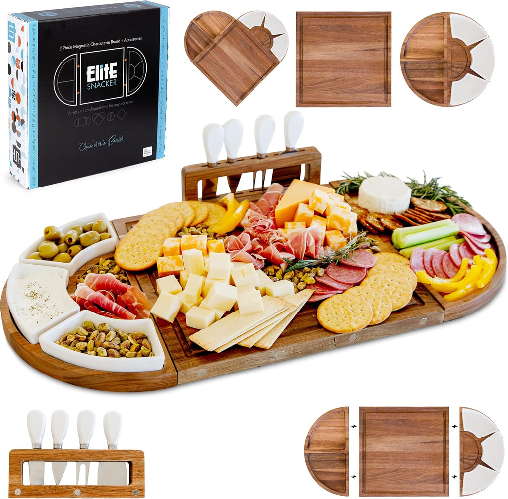 Large Charcuterie Board Set, Acacia Wood, Premium Finish | Magnetic 3-Piece Acacia Wood Design, Reshapes Circle