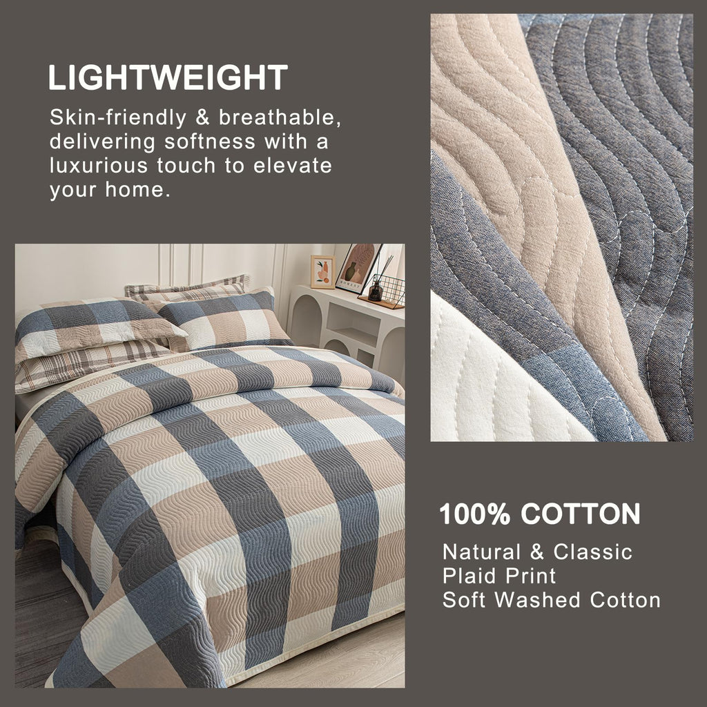 Cotton Plaid Quilt Set, Ultra Soft 3 Pieces Bedding with 2 Pillow Shams, Lightweight Reversible Coverlet