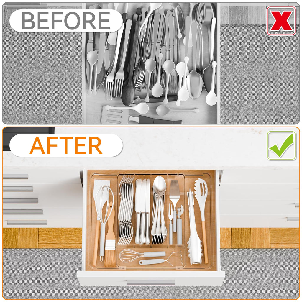 Clear Expandable Silverware Drawer Organizer,9.4-15.6In Adjustable Silverware Tray for Drawer,Acrylic Kitchen Utensil